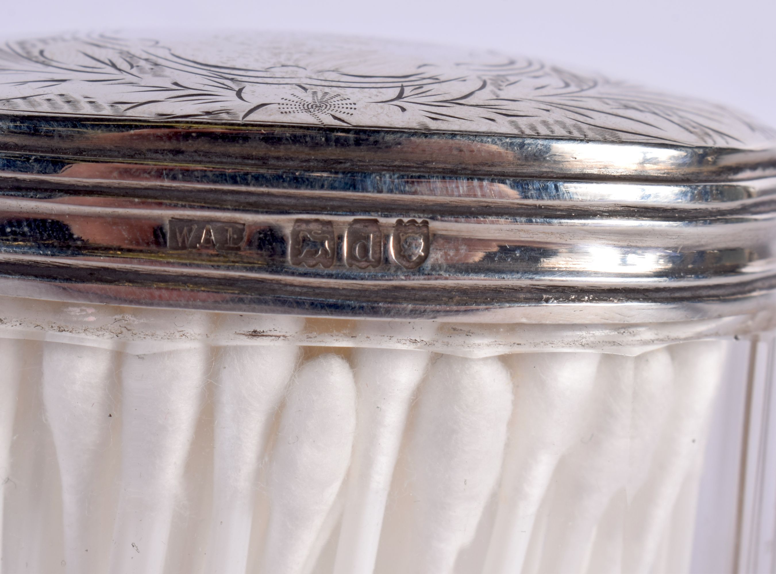 THREE ANTIQUE SILVER TOPPED JARS together with a silver mounted scent bottle & a pair of silver cand - Image 9 of 11