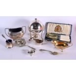 AN ANTIQUE SILVER TEA STRAINER together with silver plated wares. (qty)