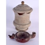 AN EARLY CONTINENTAL CARVED ALABASTER JAR AND COVER bearing label to base 'from Abyssinia Middle She