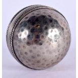 A CHARMING NOVELTY SILVER PLATED CRICKET BALL. 257 grams. 6.5 cm diameter.