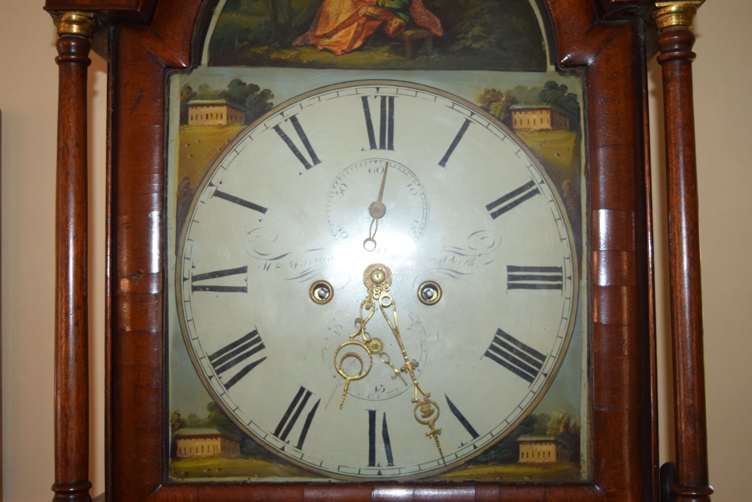 A GOOD GEORGE III SCOTTISH MAHOGANY LONG CASE CLOCK Perth, with arched pediment, painted dial and cl - Image 2 of 4