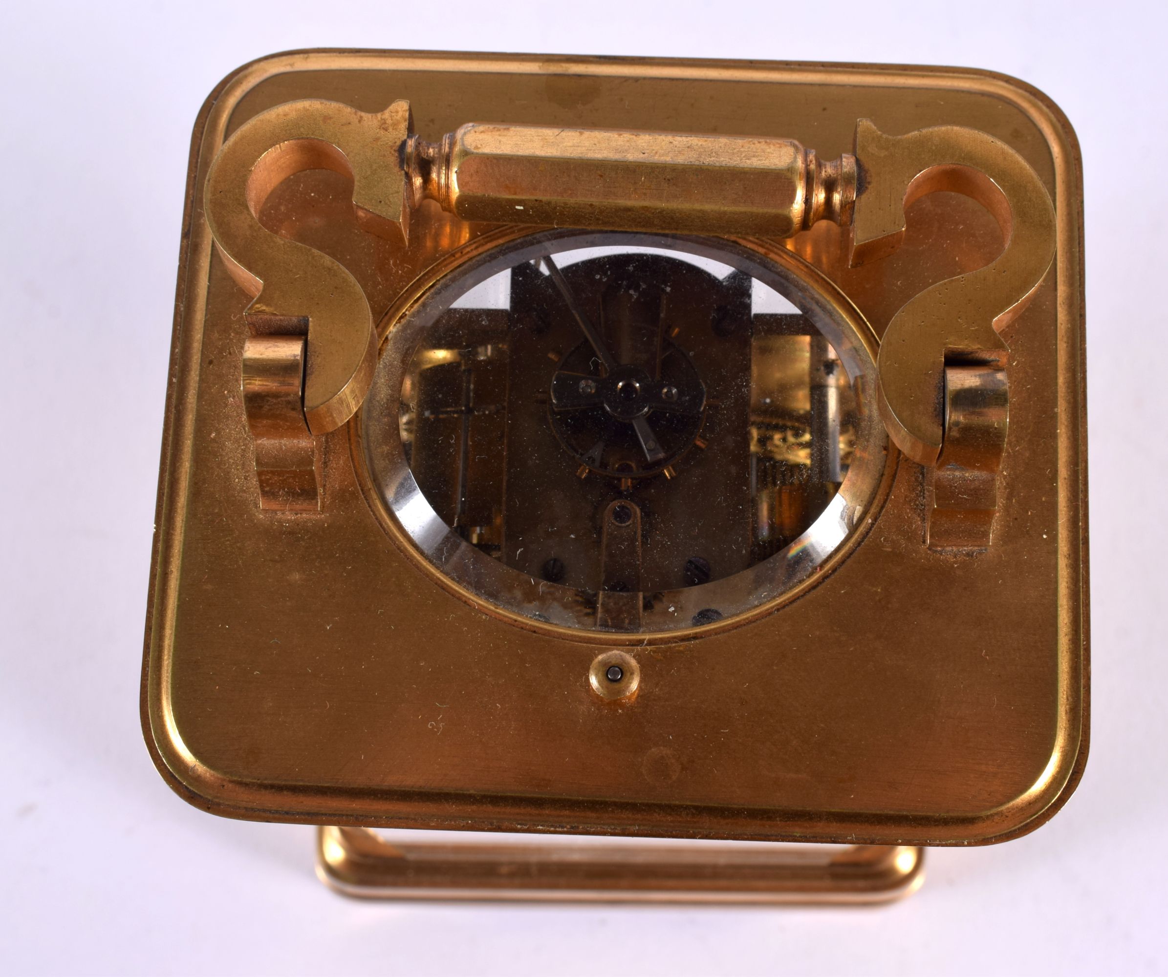 AN ANTIQUE FRENCH CASED REPEATING CARRIAGE CLOCK with subsidiary dial. 18.5 cm high inc handle. - Image 6 of 6