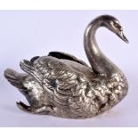 A RARE VICTORIAN SILVER PLATED SWAN SPOON WARMER naturalistically modelled. 19 cm x 15 cm.