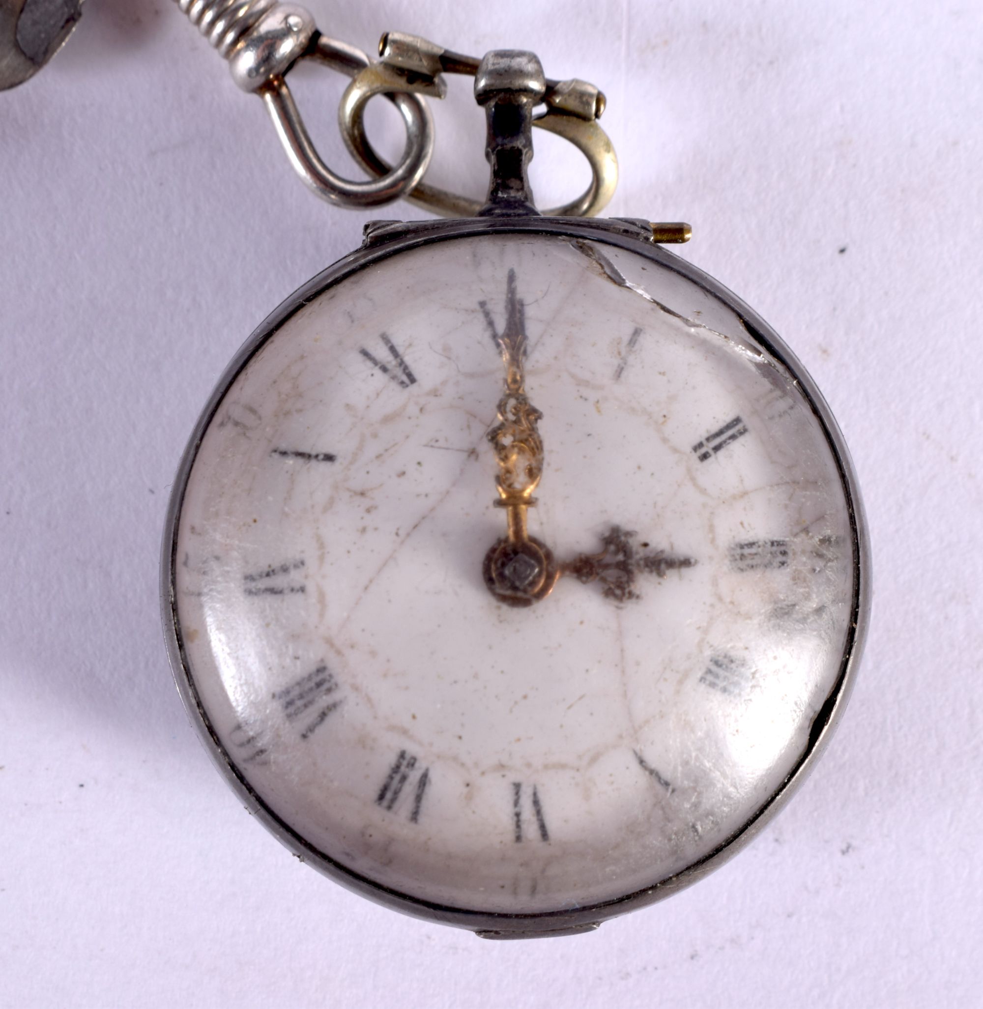 AN EARLY 19TH CENTURY ENGLISH SILVER POCKET WATCH with chain. London 1827. 122 grams. 5 cm diameter. - Image 3 of 7