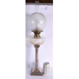 A LARGE ANTIQUE SILVER PLATED CORINTHIAN COLUMN OIL LAMP. 62 cm high.