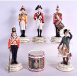 A SET OF FIVE MICHEAL SUTTY REGIMENTAL PORCELAIN FIGURES together with a similar drum. Largest 18 cm