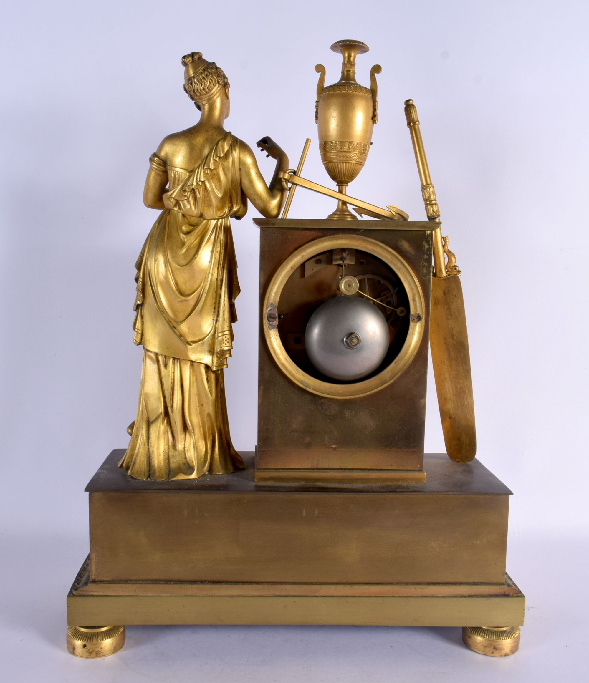 A LARGE EARLY 19TH CENTURY FRENCH BRONZE EMPIRE MANTEL CLOCK formed as a figure leaning upon an acan - Image 6 of 8