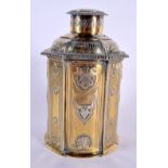 A FINE 19TH CENTURY CONTINENTAL SILVER GILT TEA CANISTER AND COVER decorated with shells and motifs.