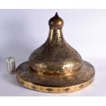 A LARGE 19TH CENTURY MIDDLE EASTERN ALLOY OPEN WORK HANGING MOSQUE LAMP decorated with Kufic scriptu