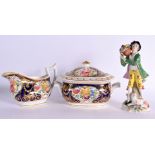 AN EARLY 19TH CENTURY NEWHALL PORCELAIN SUGAR BASIN AND COVER together with a similar cream jug & a