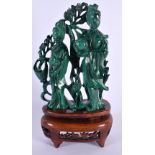 AN EARLY 20TH CENTURY CHINESE CARVED MALACHITE FIGURAL GROUP depicting females holding orbs. 21 cm x