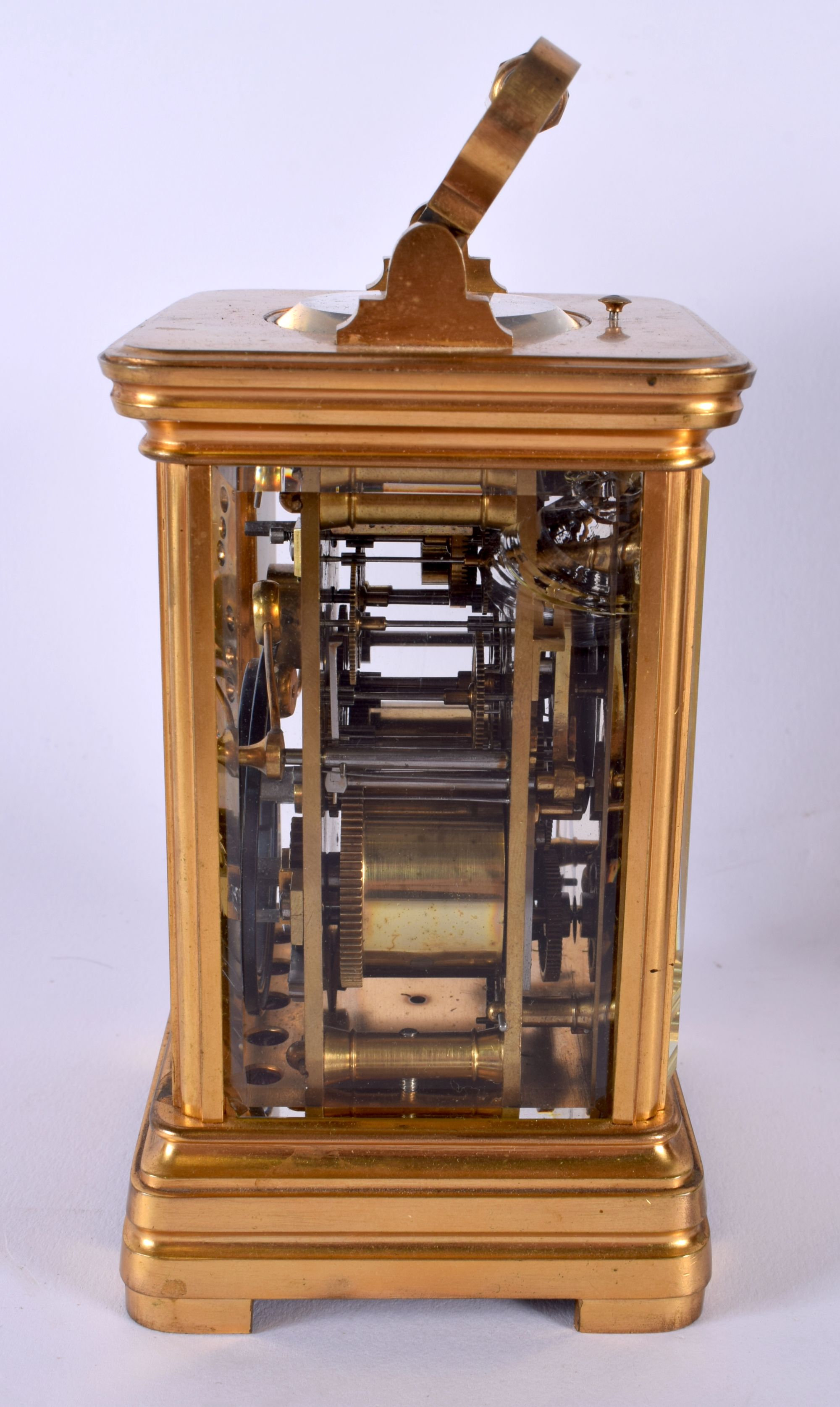 AN ANTIQUE FRENCH CASED REPEATING CARRIAGE CLOCK with subsidiary dial. 18.5 cm high inc handle. - Image 3 of 6