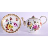 AN 18TH/19TH CENTURY MEISSEN PORCELAIN TEAPOT AND COVER together with a similar German saucer. Large