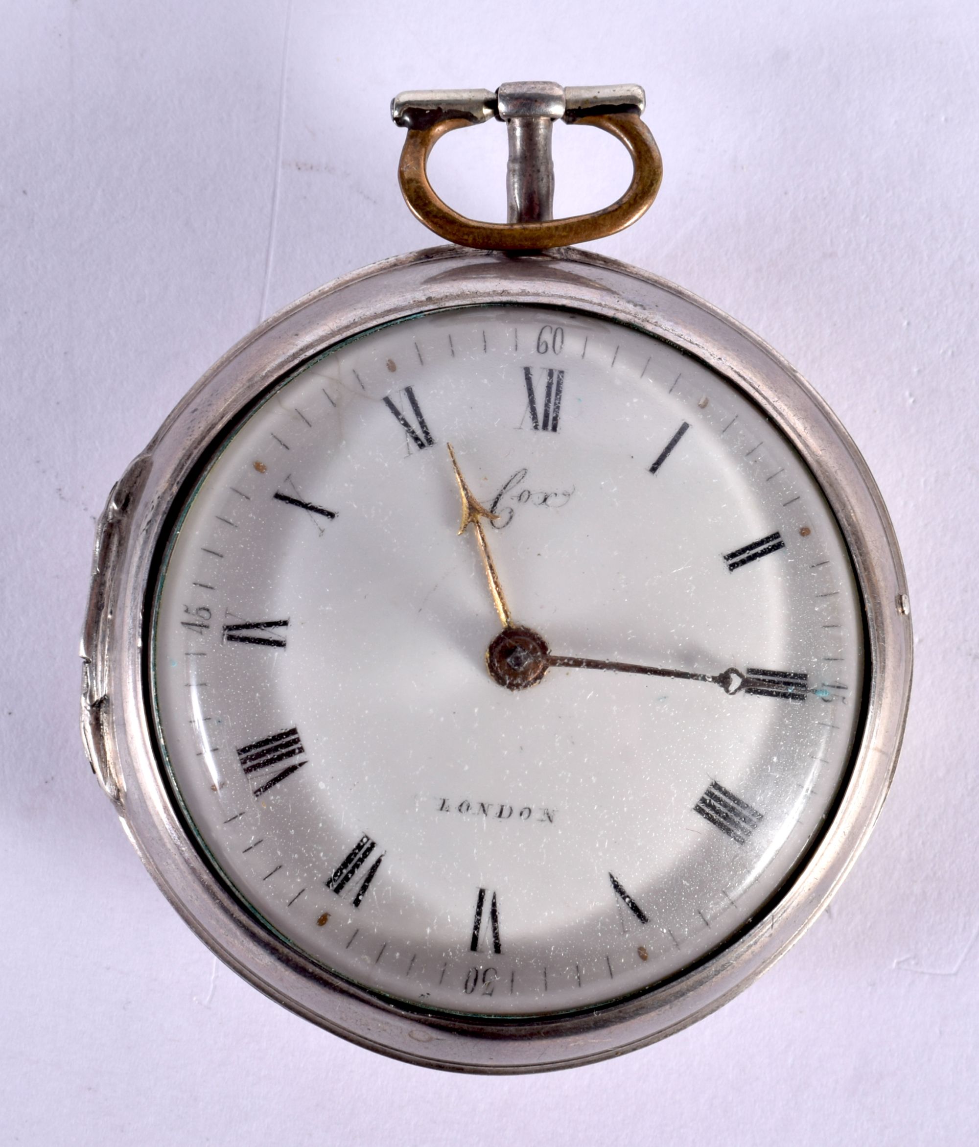 AN EARLY 19TH CENTURY ENGLISH SILVER POCKET WATCH by Cox of London. 111 grams. 5.5 cm wide.