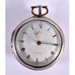 AN EARLY 19TH CENTURY ENGLISH SILVER POCKET WATCH by Cox of London. 111 grams. 5.5 cm wide.