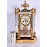 A FINE LARGE 19TH CENTURY FRENCH SEVRES PORCELAIN CHAMPLEVE ENAMEL MANTEL CLOCK set with painted pan
