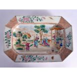 AN UNUSUAL 18TH CENTURY CHINESE EXPORT FAMILLE ROSE RECTANGULAR DISH Qianlong, painted with figures.