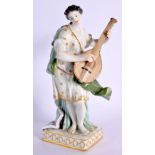 A GERMAN MEISSEN PORCELAIN FIGURE OF A MUSICIAN modelled as a female playing a mandolin. 17 cm high.