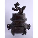 A 19TH CENTURY JAPANESE MEIJI PERIOD BRONZE CENSER AND COVER with buddhistic lion finial. 17 cm x 6