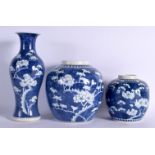 A LARGE 19TH CENTURY CHINESE BLUE AND WHITE PORCELAIN VASE painted with foliage, together with two a