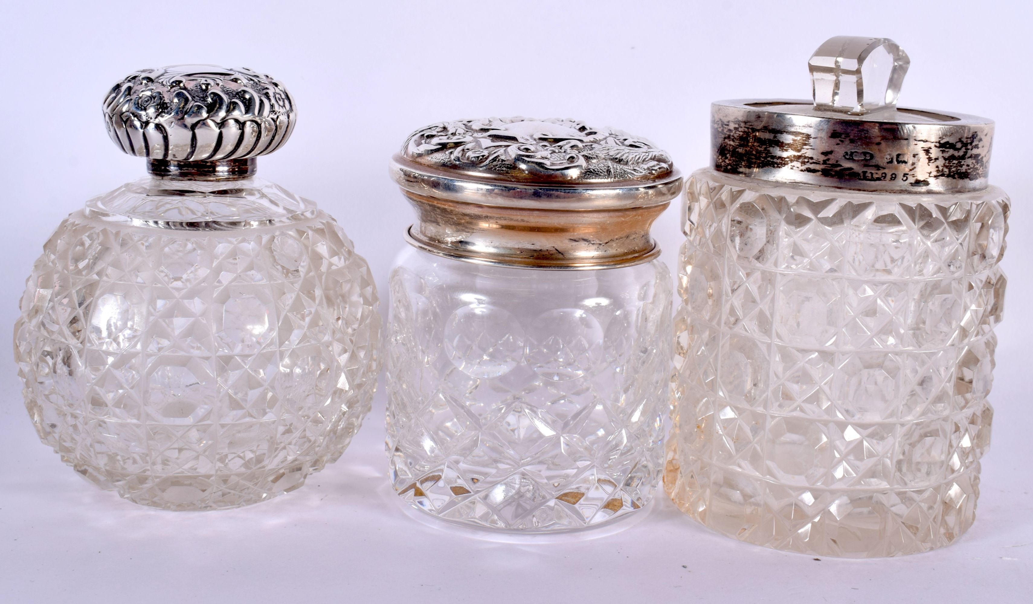 A COLLECTION OF MAINLY ANTIQUE SILVER MOUNTED SCENT BOTTLES in various forms and sizes. Birmingham 1 - Image 3 of 12
