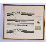 AN UUSUAL ANTIQUE PRINT OF A PERCUSSION CAPPED RIFLES MECHANISM. 42 cm x 38 cm.