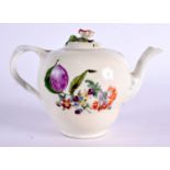 AN 18TH CENTURY GERMEN MEISSEN PORCELAIN TEAPOT AND COVER painted with flowers. 17 cm wide.