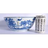 A LARGE 18TH CENTURY CHINESE EXPORT BLUE AND WHITE PORCELAIN BOWL bearing Kangxi marks to base, pain