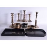 A COLLECTION OF ANTIQUE OLD SHEFFIELD PLATE including candlesticks, a silver mounted wood tray etc.