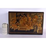 A RARE LARGE 19TH CENTURY CHINESE BLACK LACQUER BOX AND COVER Qing, rising to reveal a charming gilt