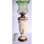 A LARGE ANTIQUE ENGLISH COUNTRY HOUSE POTTERY OIL LAMP decorated with foliage. 58 cm high.