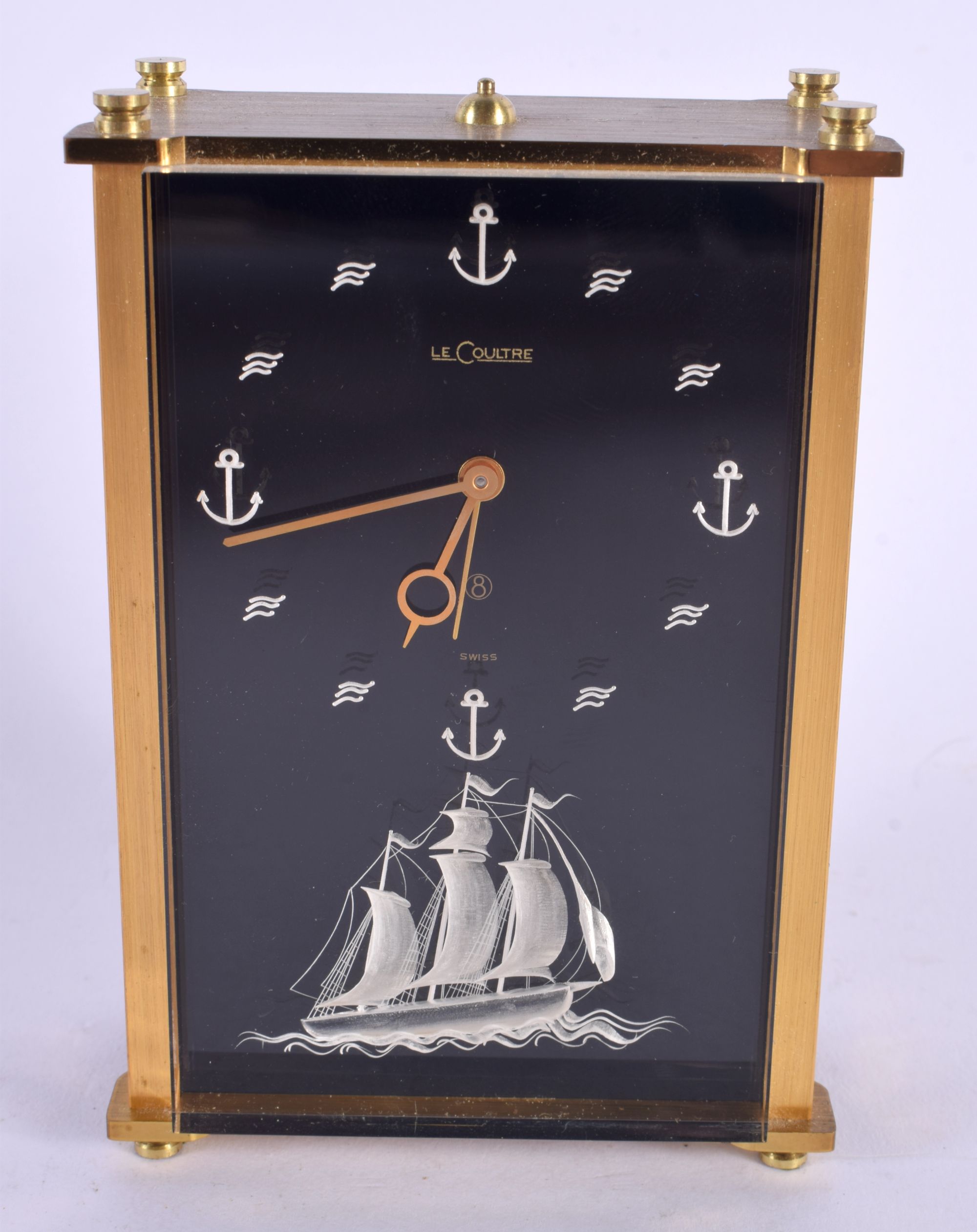 A VINTAGE JAEGER LE COULTRE MUSICAL SHIP MANTEL CLOCK. 12 cm x 9 cm.