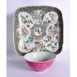 A 19TH CENTURY CHINESE FAMILLE VERTE PORCELAIN SQUARE FORM DISH Qing, together with a teabowl. Large