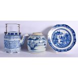 AN 18TH CENTURY CHINESE EXPORT BLUE AND WHITE PLATE Qianlong, together with a ginger jar & teapot. L