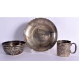 TWO ANTIQUE CONTINENTAL SILVER BOWLS together with a silver mug. 323 grams. Largest 16 cm x 3 cm. (3