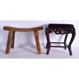 A 19TH CENTURY JAPANESE MEIJI PERIOD CARVED WOOD STOOL HEAD REST together with a marble inset hardwo