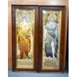 A PAIR OF ARTS AND CRAFTS EMBROIDERED SILK WORK PANELS depicting figures and text. 75 cm x 35 cm.