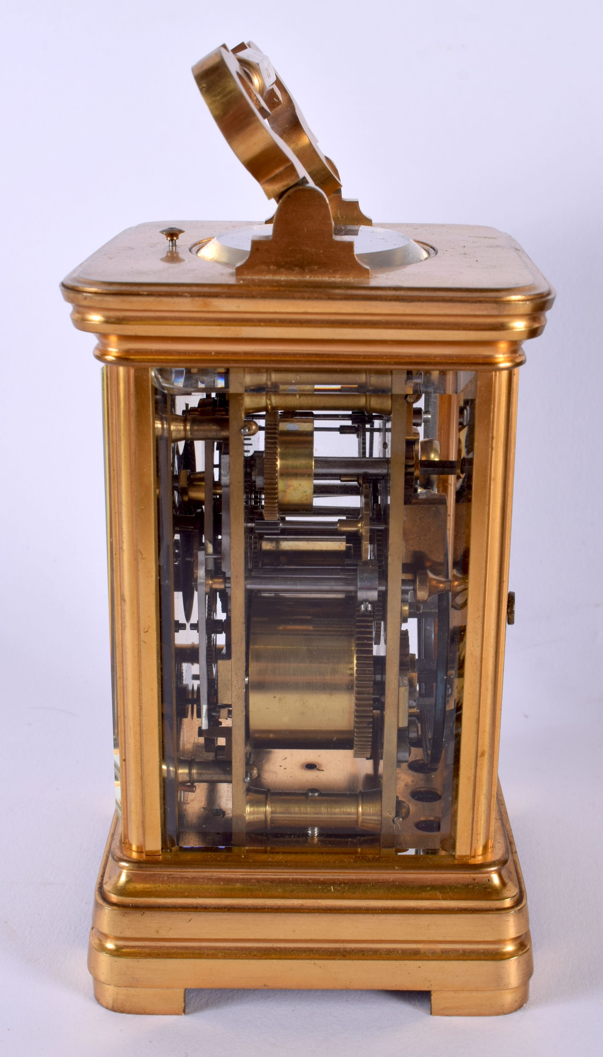 AN ANTIQUE FRENCH CASED REPEATING CARRIAGE CLOCK with subsidiary dial. 18.5 cm high inc handle. - Image 4 of 6