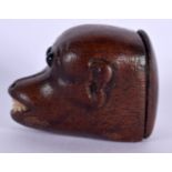 A RARE EARLY 19TH CENTURY EUROPEAN CARVED WOOD TREEN SNUFF BOX formed as a scowling monkey. 4 cm x 5