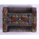AN UNUSUAL 19TH CENTURY CONTINENTAL SILVER AGATE AND TURQUOISE COMB possibly Turkish. 65 grams. 9.5