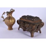 AN ANTIQUE FRENCH BRONZE CASKET together with a small bronze ewer. Largest 12 cm x 9 cm. (2)