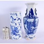 A CHINESE REPUBLICAN PERIOD BLUE AND WHITE CYLINDRICAL PORCELAIN VASE together with a larger vase. L