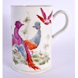 A RARE 18TH CENTURY ENGLISH PORCELAIN MUG possibly Derby, painted with numerous exotic birds and str