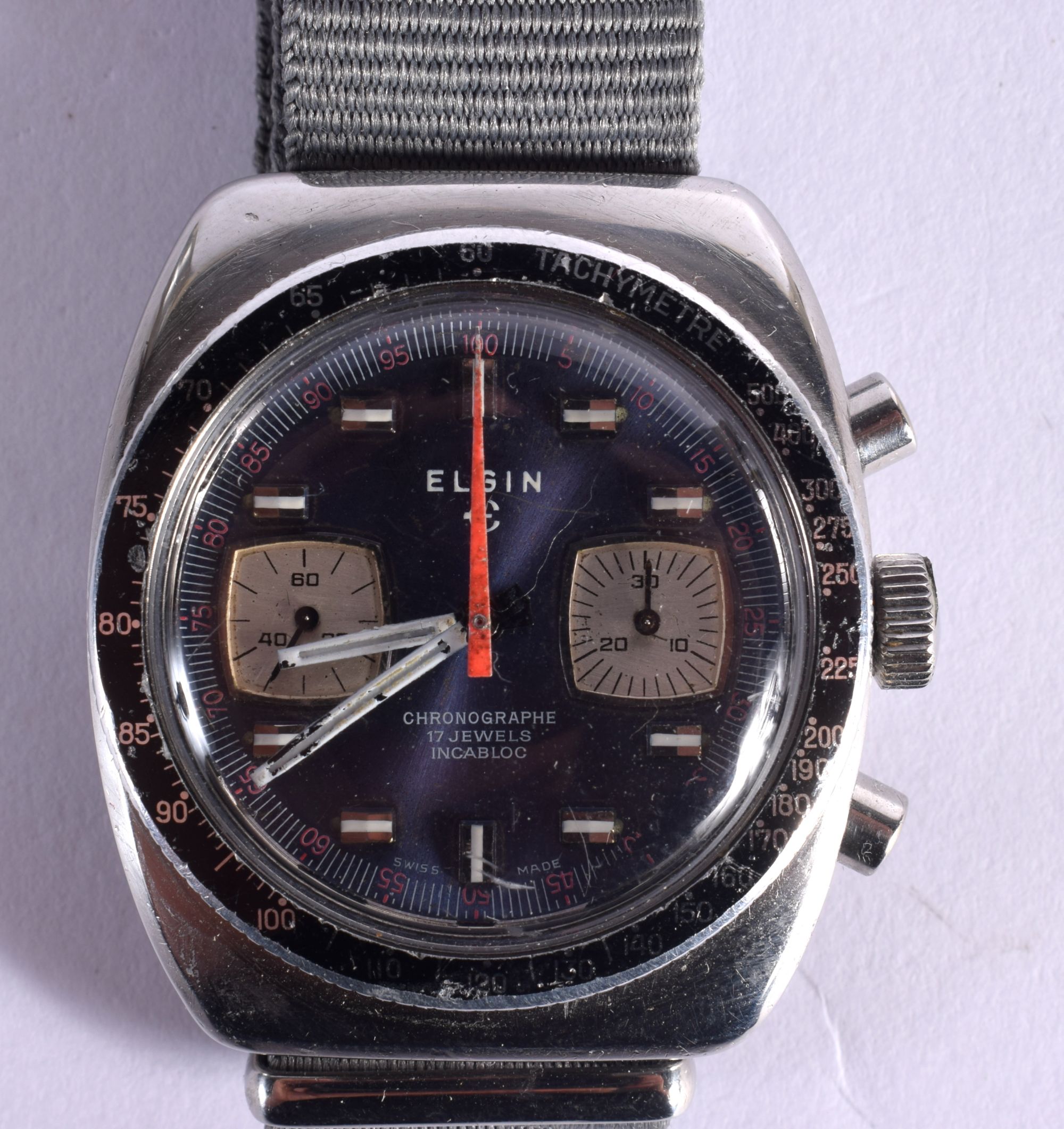 A RARE VINTAGE ELGIN BLUE MULTI DIAL STEEL WATCH. 4 cm wide inc crown. - Image 2 of 4