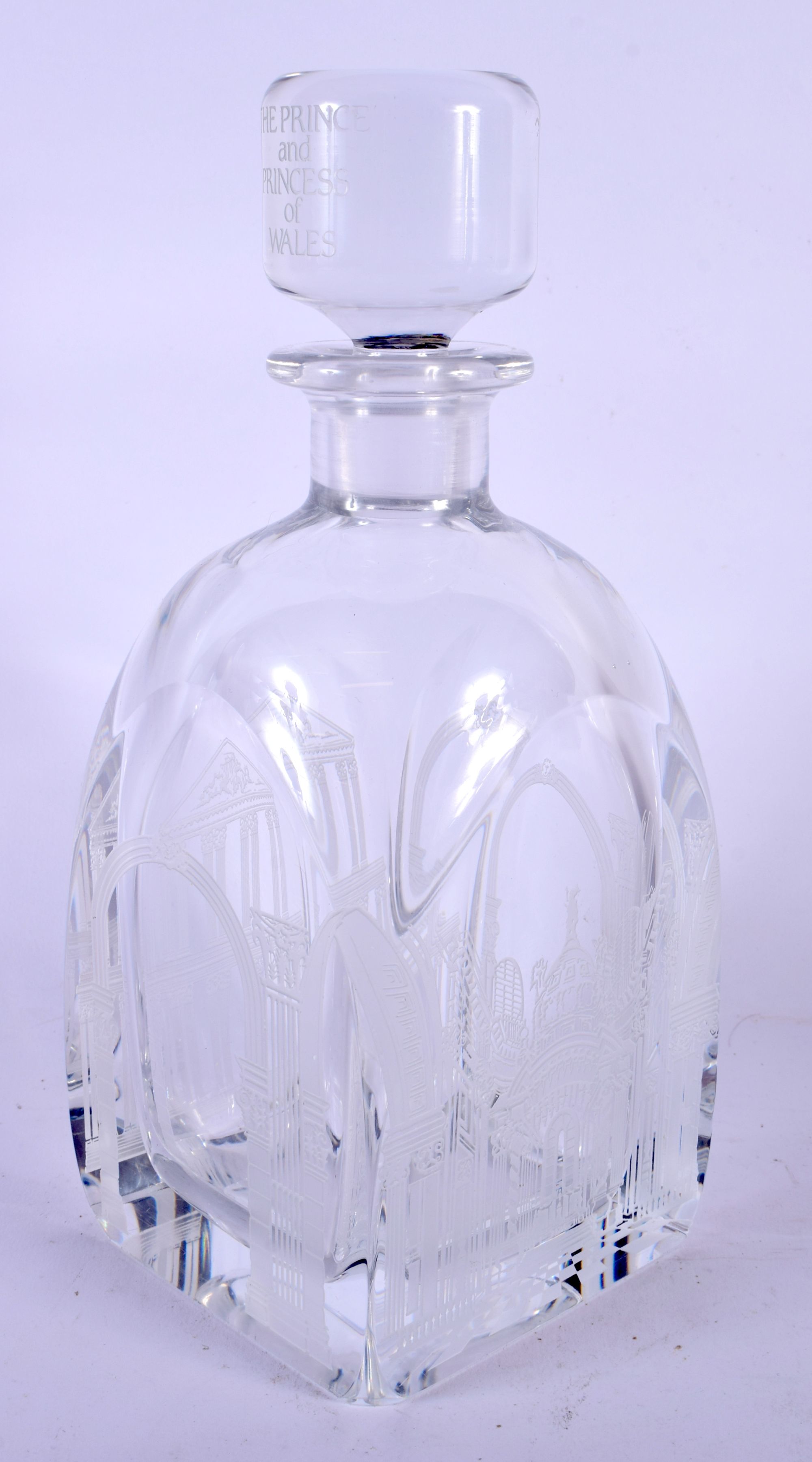 AN ORREFORS PRINCESS OF WALES GLASS DECANTER. 24 cm high.