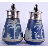 A PAIR OF ART DECO SILVER MOUNTED WEDGWOOD CONDIMENTS. Sheffield 1930. 8 cm x 4.5 cm.