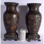 A LARGE PAIR OF 19TH CENTURY JAPANESE MEIJI PERIOD ONLAID BRONZE VASES in the manner of Miyabe Atsuy