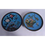 A LARGE PAIR OF 19TH CENTURY JAPANESE MEIJI PERIOD CLOISONNE ENAMEL PLATES decorated with birds. 28