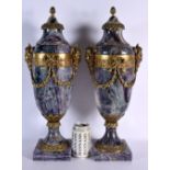 A FINE LARGE PAIR OF 19TH CENTURY ORMOLU AND HARDSTONE VASES Bluejohn or Fluorite, formed with bold