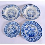 A RARE 19TH CENTURY ROGERS BLUE AND WHITE ELEPHANT PLATE together with three others decorated with h